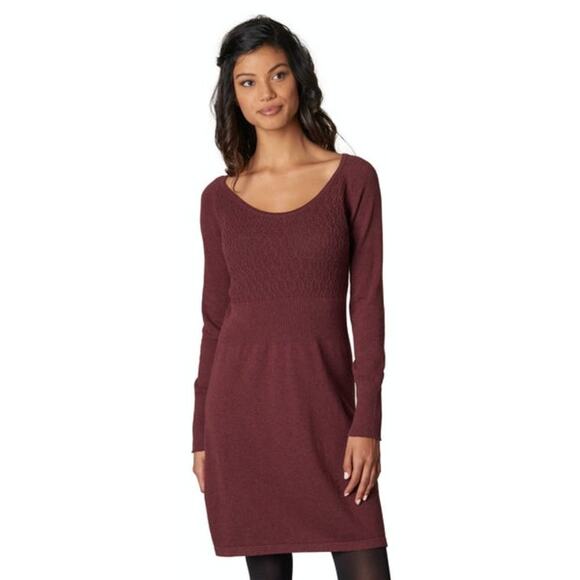 PrAna Long Sleeve Burgundy Jacquard Knit Zora Dress in Raisin Size Small - Picture 1 of 12